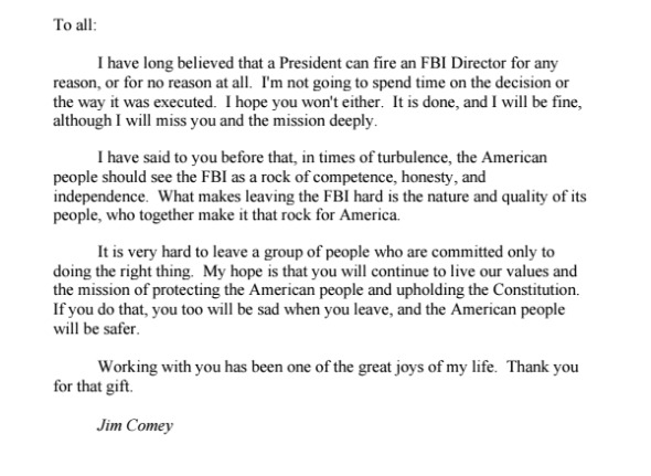 Comey's farewell letter to the FBI
