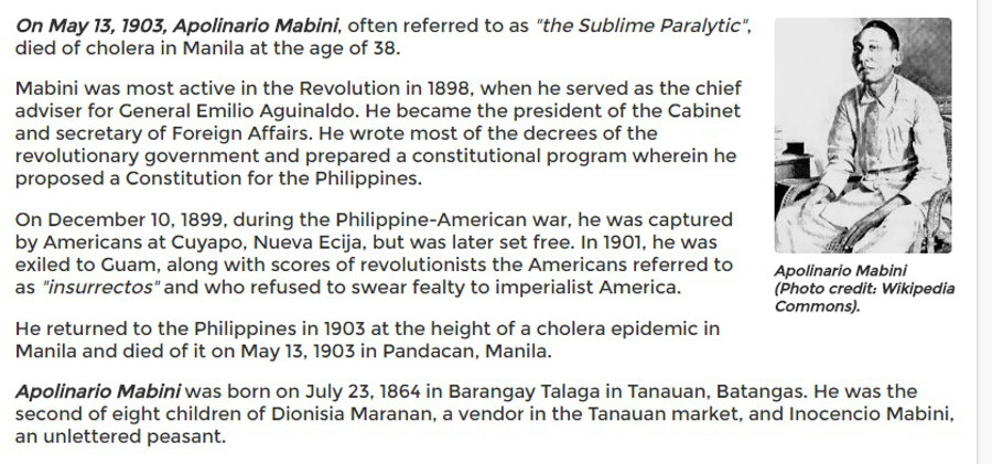 Apolinario Mabini died at the age of 38 May 13, 1903