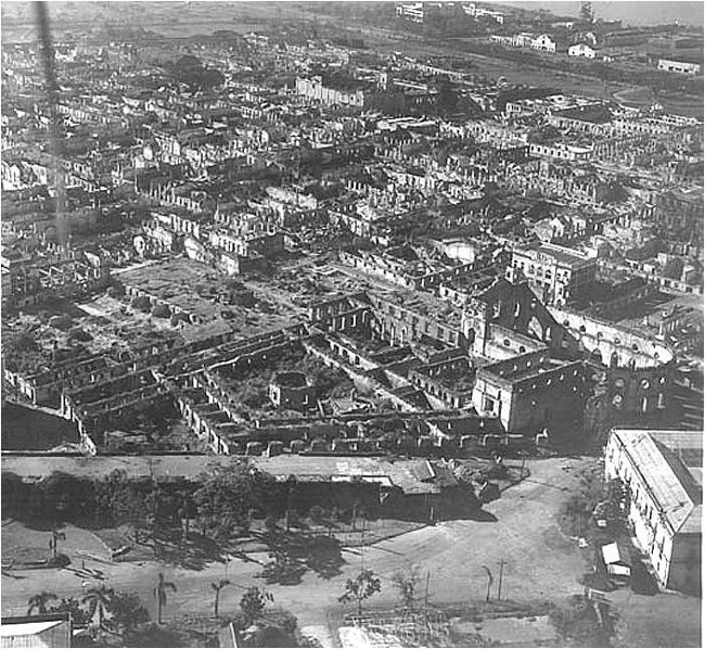 Aerial view of the devastated Manila in May 1945